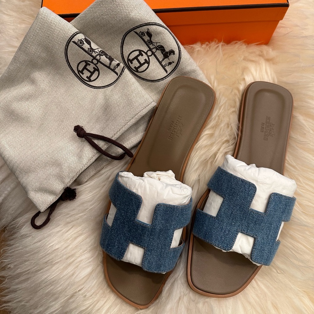 NIB Hermes Oran denim sandals with dust bags and box.